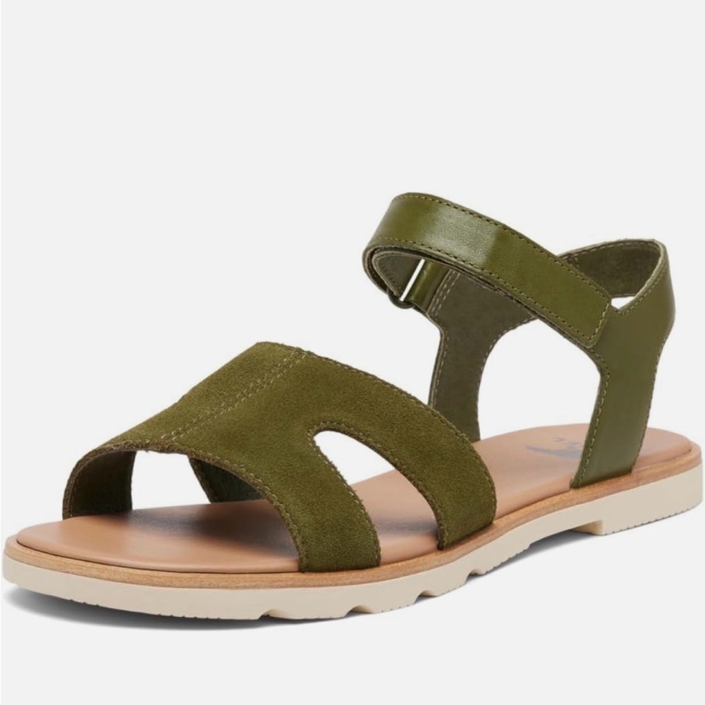 NWT 9 SOREL  Ella III Ankle Strap Flat Sandal in Utility Green, Honey White